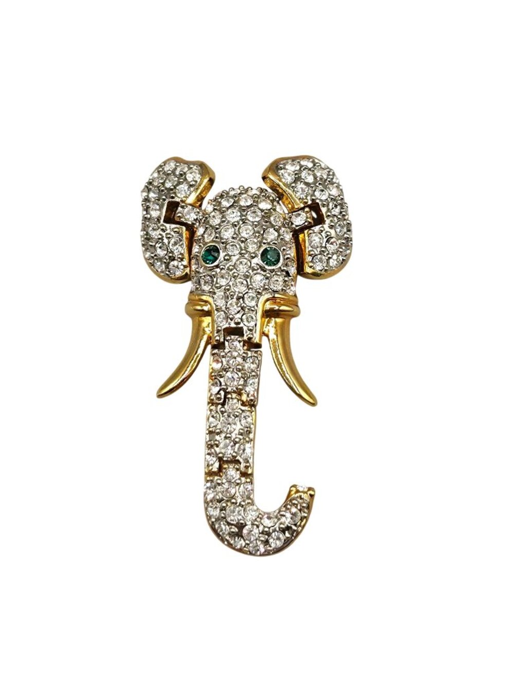 Articulated Elephant Head Pave Rhinestone Brooch Pin Gold Tone Green Eyes